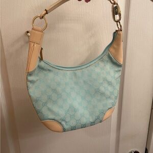 Gucci Blue and Tan Shoulder Bag with Leather Trim